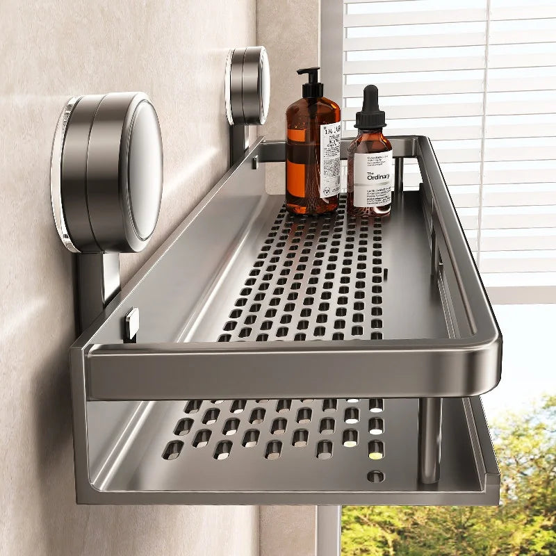 Aluminum Suction Cup Bathroom Shelf, No Drill Wall Mounted Shower Storage Rack