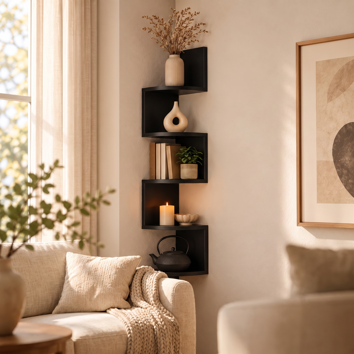 Modern Multi-Tier Corner Wall Shelf styled in a living room corner