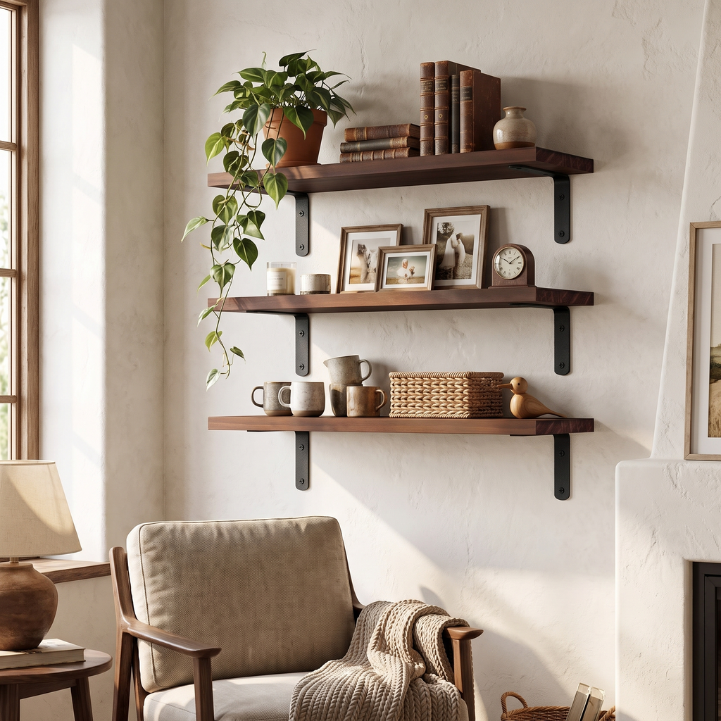 Rustic Solid Wood Floating Wall Shelves Set of 3 in use