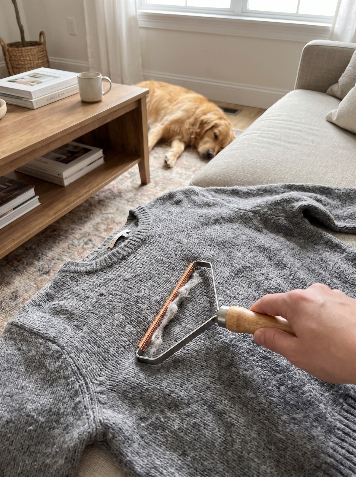 Portable Lint Remover clearing pet hair from a sofa at home