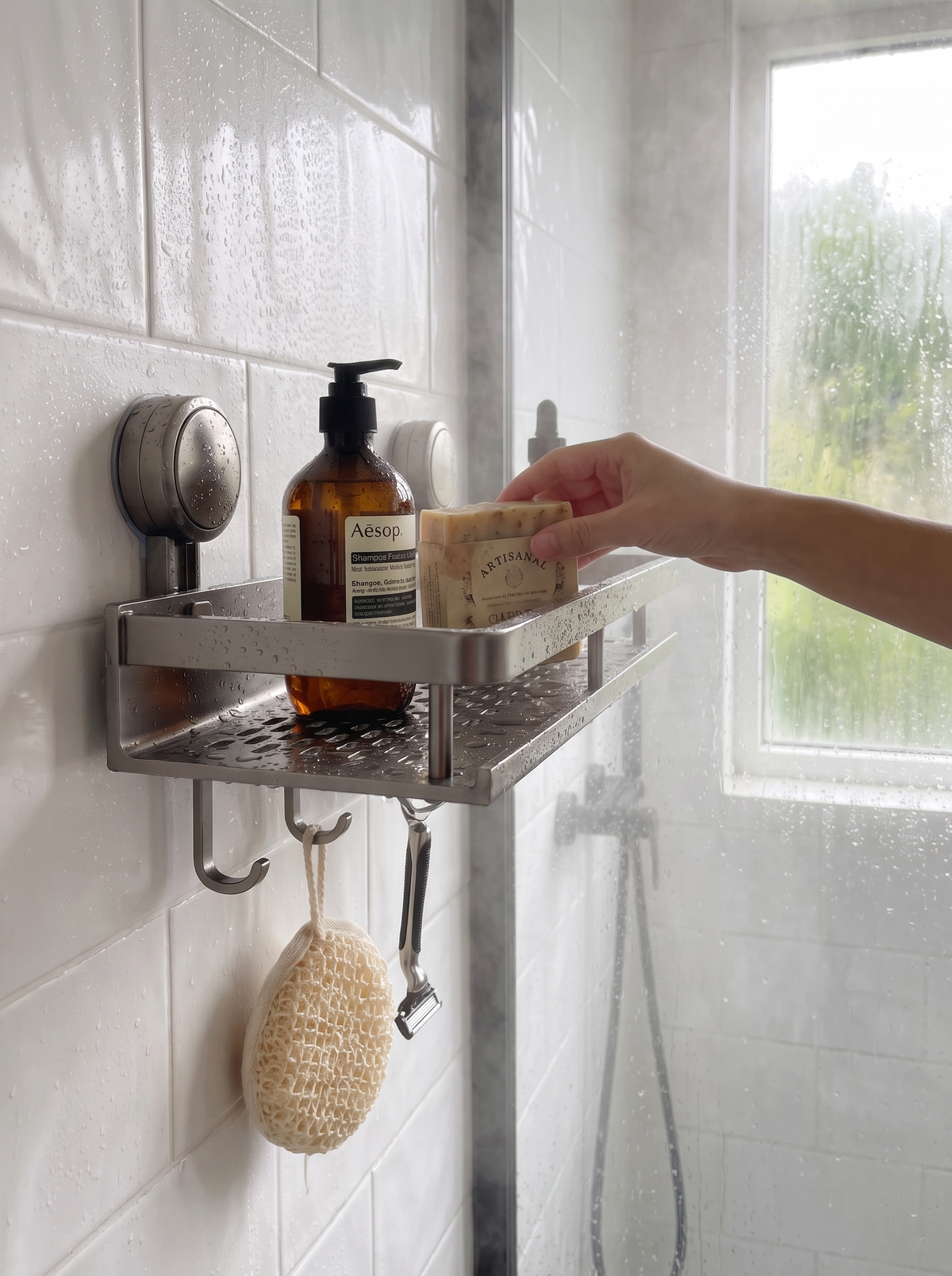 Aluminum bathroom shelf holding toiletries in a humid shower