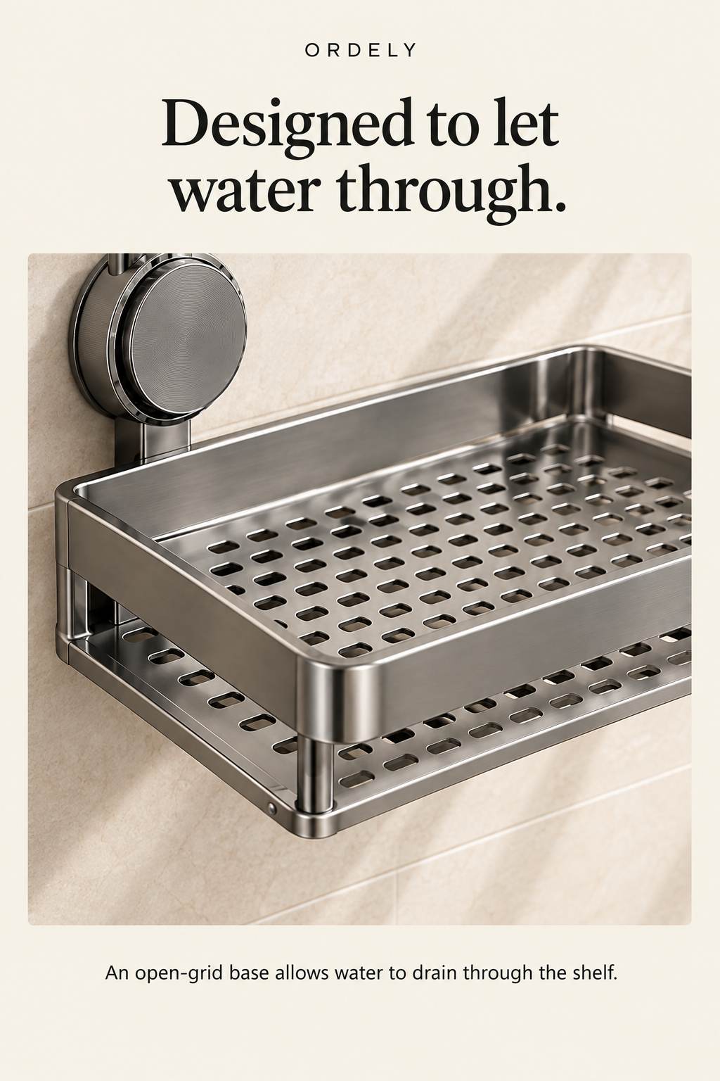 Open-grid bathroom shelf base detail