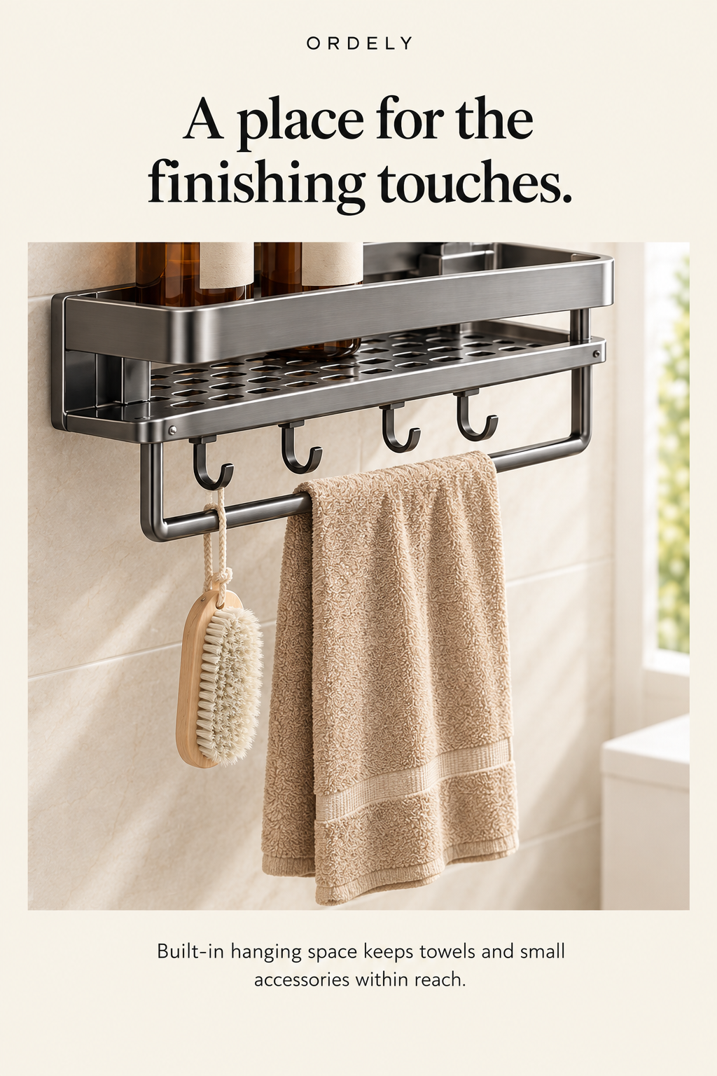 Bathroom shelf towel bar and hooks